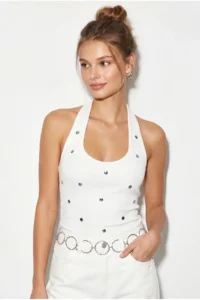 Bianco Lucci Women's Metal Accessories Halter Neck Fitted Blouse 1061 - Image 3