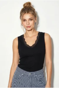 Bianco Lucci Women's Lace Detailed V-Neck Fit Athlete Blouse 1054 - Image 2