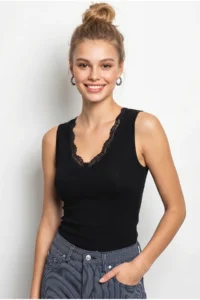 Bianco Lucci Women's Lace Detailed V-Neck Fit Athlete Blouse 1054 - Image 4