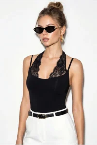 Bianco Lucci Women's Lace Detailed Halter Collar Snap Fastener Blouse ÖA261017 - Image 2