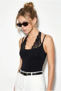 Bianco Lucci Women's Lace Detailed Halter Collar Snap Fastener Blouse ÖA261017 - Image 3