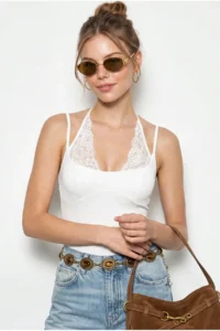 Bianco Lucci Women's Lace Detailed Halter Collar Snap Fastener Blouse ÖA261017 - Image 3