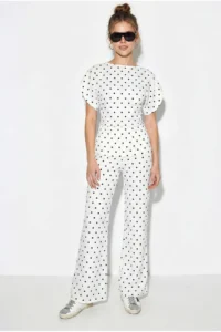 Bianco Lucci Women's Polka Dot Fitted Blouse Waist Pocket Detailed Trousers Modal Suit 4133