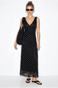 Bianco Lucci Women's V-Neck Lined Polka Dot Tulle Maxi Dress 8004