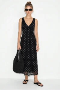 Bianco Lucci Women's V-Neck Lined Polka Dot Tulle Maxi Dress 8004 - Image 2