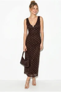 Bianco Lucci Women's V-Neck Lined Polka Dot Tulle Maxi Dress 8004