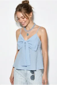 Bianco Lucci Women's V-Neck Bow Detailed Thin Strap Back Gipe Detailed Blouse 20194