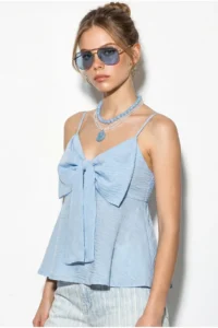 Bianco Lucci Women's V-Neck Bow Detailed Thin Strap Back Gipe Detailed Blouse 20194 - Image 5