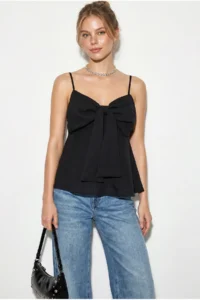 Bianco Lucci Women's V-Neck Bow Detailed Thin Strap Back Gipe Detailed Blouse 20194 - Image 4