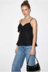 Bianco Lucci Women's V-Neck Bow Detailed Thin Strap Back Gipe Detailed Blouse 20194 - Image 5