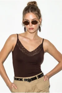 Bianco Lucci Women's Lace Detailed V-Neck Thin Strap Viscose Athlete Blouse 30006 - Image 2