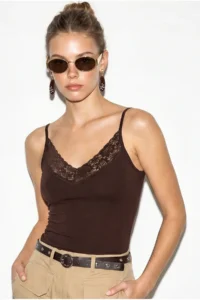 Bianco Lucci Women's Lace Detailed V-Neck Thin Strap Viscose Athlete Blouse 30006 - Image 4