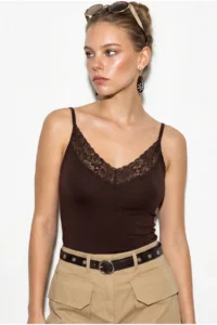 Bianco Lucci Women's Lace Detailed V-Neck Thin Strap Viscose Athlete Blouse 30006 - Image 5