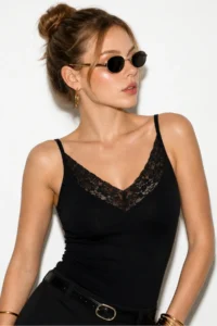 Bianco Lucci Women's Lace Detailed V-Neck Thin Strap Viscose Athlete Blouse 30006