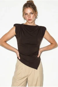 Bianco Lucci Women's Boat Neck Padded Side Ruffle Detailed Asymmetrical Cut Blouse 36001 - Image 2