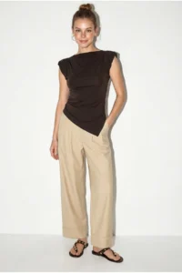 Bianco Lucci Women's Boat Neck Padded Side Ruffle Detailed Asymmetrical Cut Blouse 36001 - Image 4