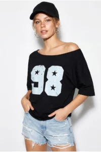 Bianco Lucci Women's Boat Neck Printed Oversize 100% Cotton T-Shirt ÖT100005 - Image 2