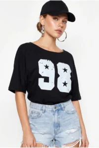 Bianco Lucci Women's Boat Neck Printed Oversize 100% Cotton T-Shirt ÖT100005 - Image 4