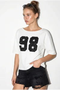 Bianco Lucci Women's Boat Neck Printed Oversize 100% Cotton T-Shirt ÖT100005 - Image 5