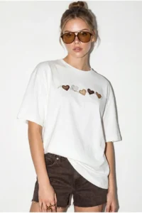 Bianco Lucci Women's Crew Neck Heart Printed Oversize Cotton T-Shirt ÖT100012
