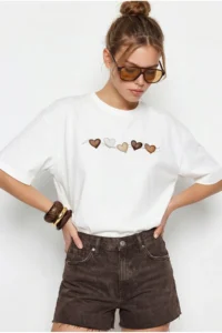 Bianco Lucci Women's Crew Neck Heart Printed Oversize Cotton T-Shirt ÖT100012 - Image 3