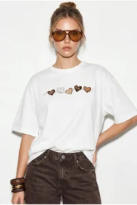 Bianco Lucci Women's Crew Neck Heart Printed Oversize Cotton T-Shirt ÖT100012 - Image 4