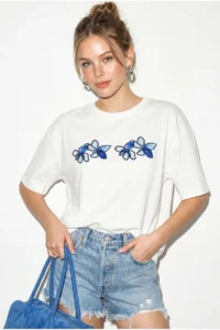Bianco Lucci Women's Crew Neck Stone Print Detailed Oversize Cotton T-Shirt ÖT100013