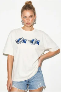 Bianco Lucci Women's Crew Neck Stone Print Detailed Oversize Cotton T-Shirt ÖT100013 - Image 3