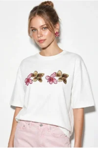 Bianco Lucci Women's Crew Neck Stone Print Detailed Oversize Cotton T-Shirt ÖT100013 - Image 2