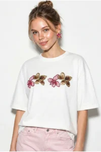 Bianco Lucci Women's Crew Neck Stone Print Detailed Oversize Cotton T-Shirt ÖT100013 - Image 3