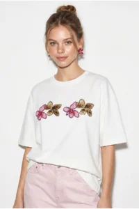 Bianco Lucci Women's Crew Neck Stone Print Detailed Oversize Cotton T-Shirt ÖT100013 - Image 4