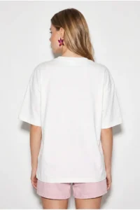 Bianco Lucci Women's Crew Neck Stone Print Detailed Oversize Cotton T-Shirt ÖT100013 - Image 5