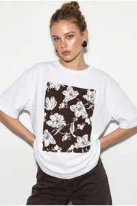 Bianco Lucci Women's Crew Neck Floral Printed Oversize 100% Cotton T-Shirt ÖT100001