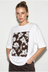 Bianco Lucci Women's Crew Neck Floral Printed Oversize 100% Cotton T-Shirt ÖT100001 - Image 2