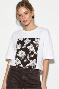 Bianco Lucci Women's Crew Neck Floral Printed Oversize 100% Cotton T-Shirt ÖT100001 - Image 3