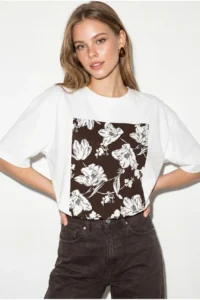 Bianco Lucci Women's Crew Neck Floral Printed Oversize 100% Cotton T-Shirt ÖT100001 - Image 4