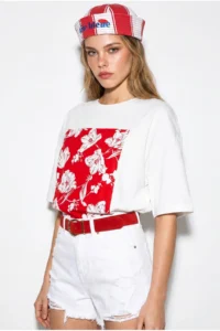 Bianco Lucci Women's Crew Neck Floral Printed Oversize 100% Cotton T-Shirt ÖT100001