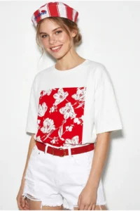 Bianco Lucci Women's Crew Neck Floral Printed Oversize 100% Cotton T-Shirt ÖT100001 - Image 2