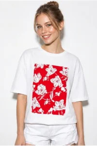 Bianco Lucci Women's Crew Neck Floral Printed Oversize 100% Cotton T-Shirt ÖT100001 - Image 4