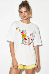 Bianco Lucci Women's Crew Neck Cat Printed Oversize 100% Cotton T-Shirt ÖT100006