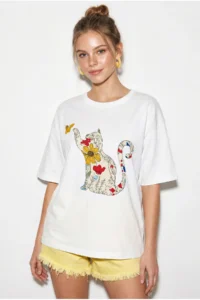 Bianco Lucci Women's Crew Neck Cat Printed Oversize 100% Cotton T-Shirt ÖT100006 - Image 2