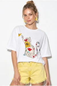 Bianco Lucci Women's Crew Neck Cat Printed Oversize 100% Cotton T-Shirt ÖT100006 - Image 3
