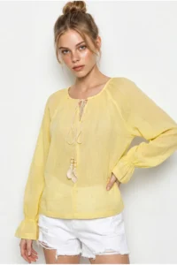 Bianco Lucci Women's Tie Collar Flounce Sleeve Detailed Muslin Crinkle Textured Blouse 4762 - Image 6