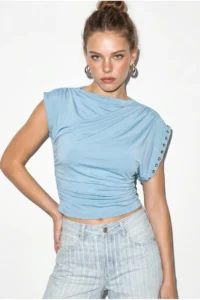 Bianco Lucci Women's Boat Neck Eyelet Studded Side Gathered Waist Draped Blouse 36003 - Image 4