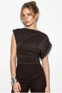 Bianco Lucci Women's Boat Neck Eyelet Studded Side Gathered Waist Draped Blouse 36003 - Image 3
