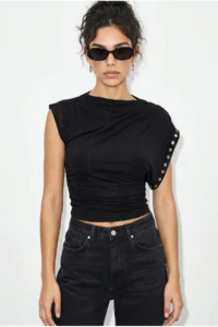Bianco Lucci Women's Boat Neck Eyelet Studded Side Gathered Waist Draped Blouse 36003 - Image 2