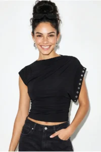 Bianco Lucci Women's Boat Neck Eyelet Studded Side Gathered Waist Draped Blouse 36003 - Image 4
