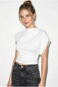 Bianco Lucci Women's Boat Neck Eyelet Studded Side Gathered Waist Draped Blouse 36003 - Image 3