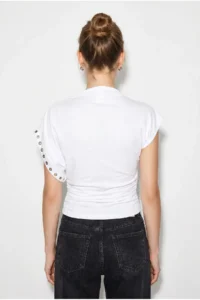 Bianco Lucci Women's Boat Neck Eyelet Studded Side Gathered Waist Draped Blouse 36003 - Image 6