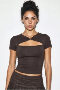 Bianco Lucci Women's Metal Accessories, Low-cut, Body-hugging Blouse 36002 - Image 2